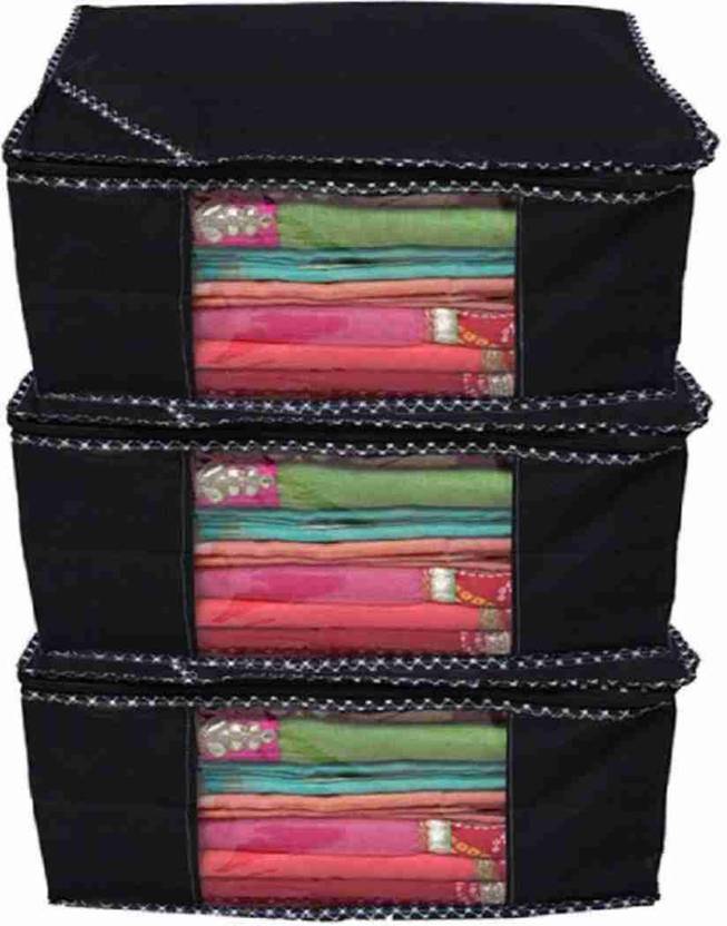 Tiarakrafts 3 Saree Cover Bag Wardrobe Organizer Transparent Window- BLACK - Pack of 3 898242