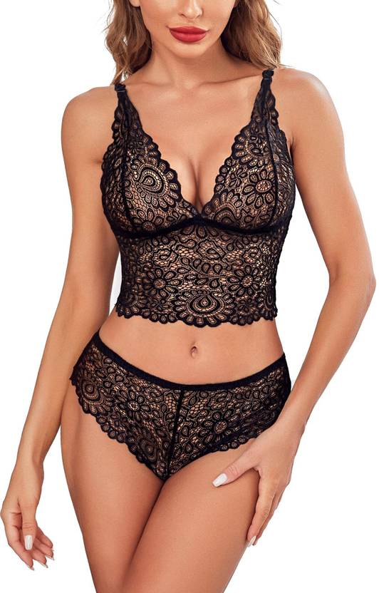 Boosah Bra & Panty Set Self Design Black Lingerie Set