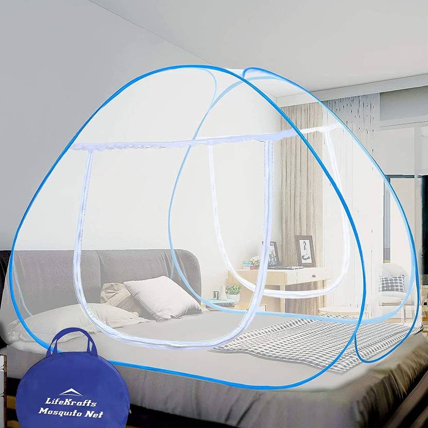Lifekrafts Pop-Up Double Bed Mosquito Net(Queen Bed)- White Color Net with Blue Color Border,Foldable Net. Polyester Washable Adults Mosquito Net
