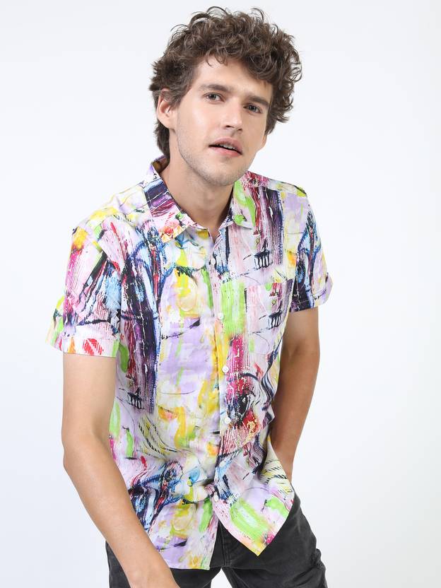 KETCH Men Slim Fit Printed Cut Away Collar Casual Shirt