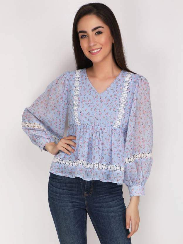Jakanary Casual Balloon Sleeve Graphic Print Women Light Blue Top