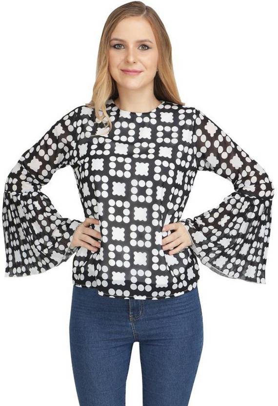 Jakanary Casual Bell Sleeves Printed, Geometric Print Women Black Top