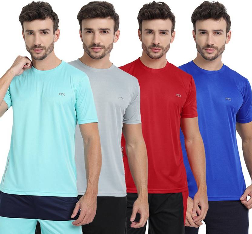 [Size S] FTX Pack of 4 Men Solid Round Neck Polyester Silver, Light Blue, Red, Blue T-Shirt