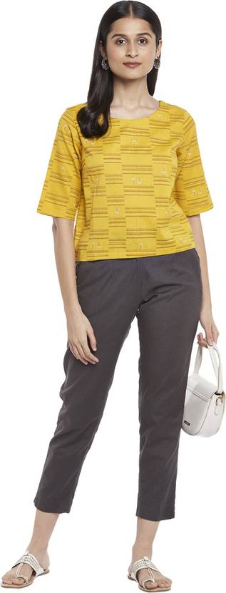Akkriti by Pantaloons Casual Regular Sleeves Printed, Ethnic Motifs, Striped Women Yellow Top