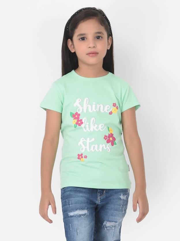 CRIMSOUNE CLUB Girls Typography, Printed Cotton Blend Slim T Shirt