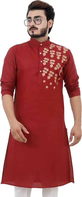 Tibra Collection Men Embroidered Cotton Blend Straight Kurta (Maroon)