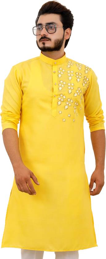 Tibra Collection Men Embroidered Cotton Blend Straight Kurta (Yellow)