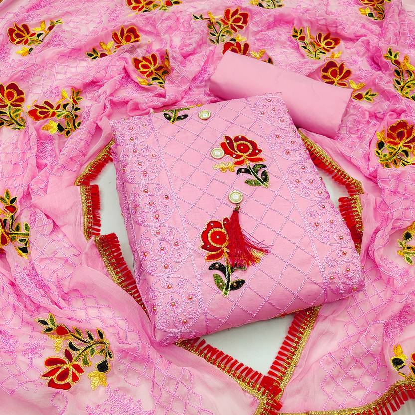 Unstitched Cotton Salwar Suit Material Embroidered, Embellished