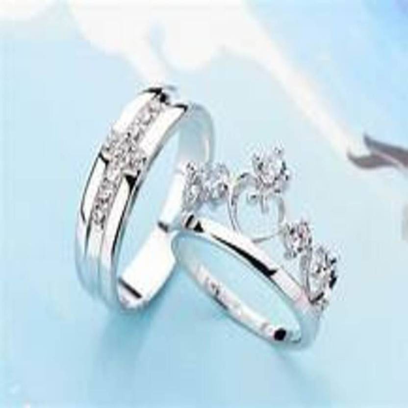 MEENAZ CZ AD Valentine gifts Couple rings lovers girlfriend boyfriend Adjustable Crown Stainless Steel Crystal, Diamond, Cubic Zirconia, Zircon Platinum, Rhodium, Titanium, Sterling Silver Plated Ring Set