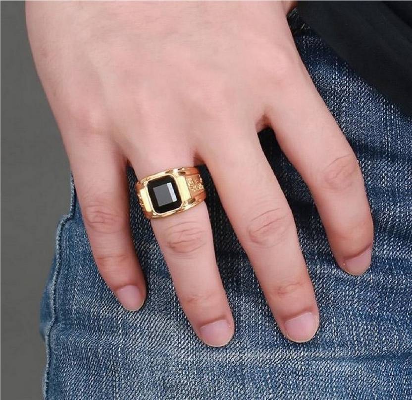Square Black Rhinestone Inlaid Gold Plated Stainless Steel Ring