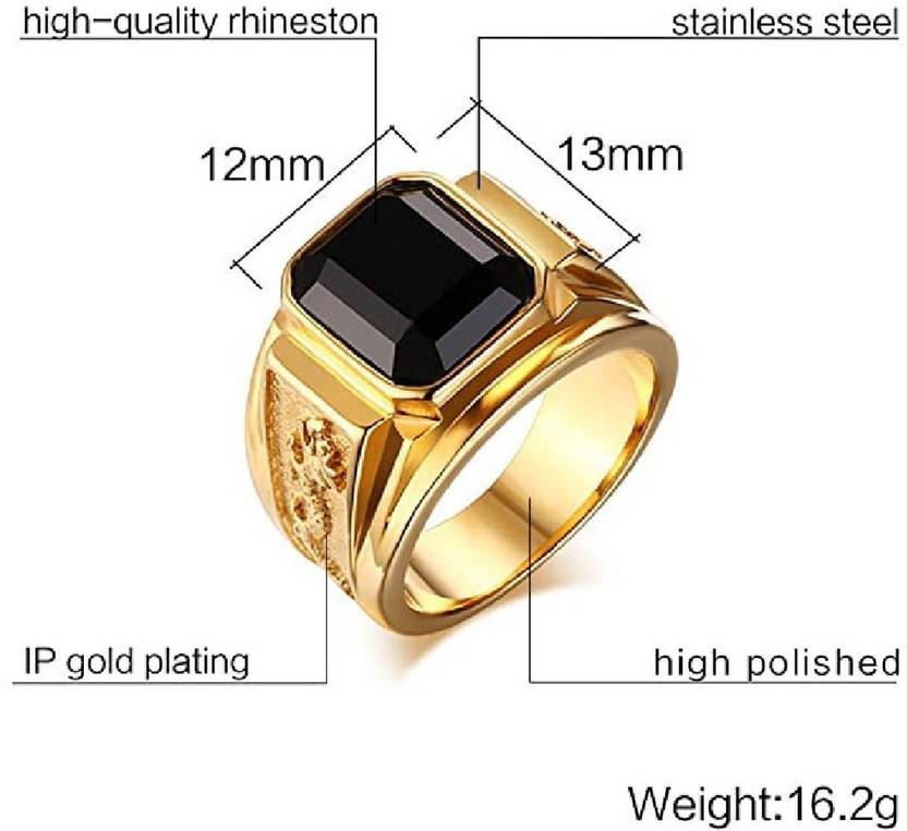 Square Black Rhinestone Inlaid Gold Plated Stainless Steel Ring