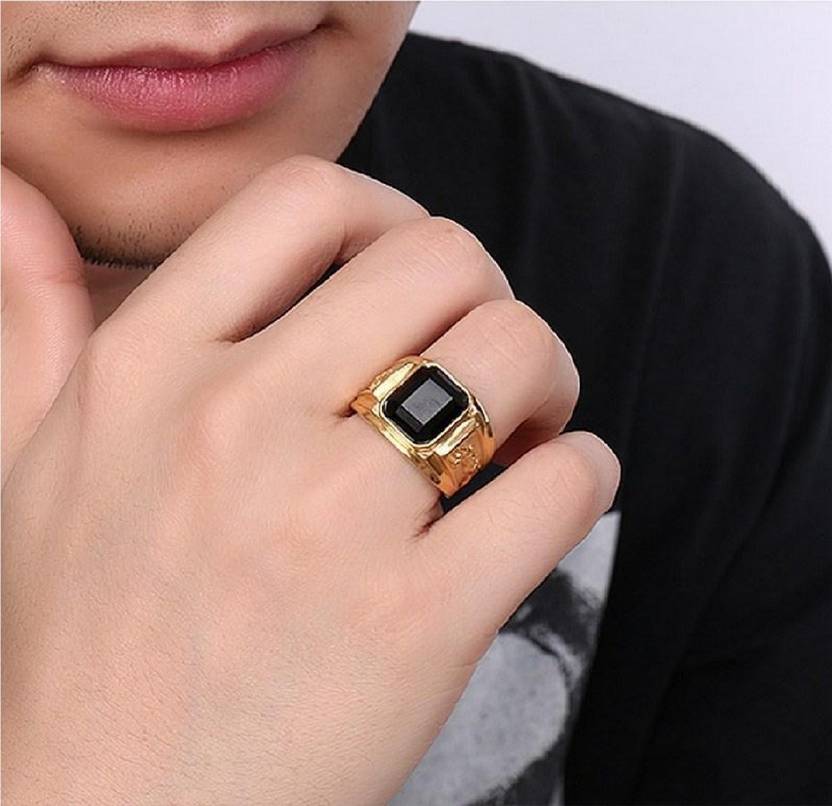 Square Black Rhinestone Inlaid Gold Plated Stainless Steel Ring