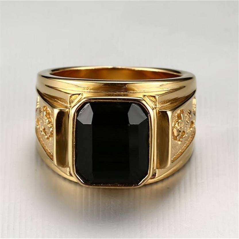Square Black Rhinestone Inlaid Gold Plated Stainless Steel Ring