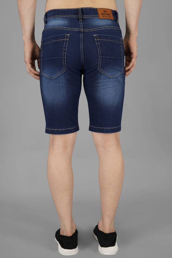 Solid Men Dark Blue Denim Shorts