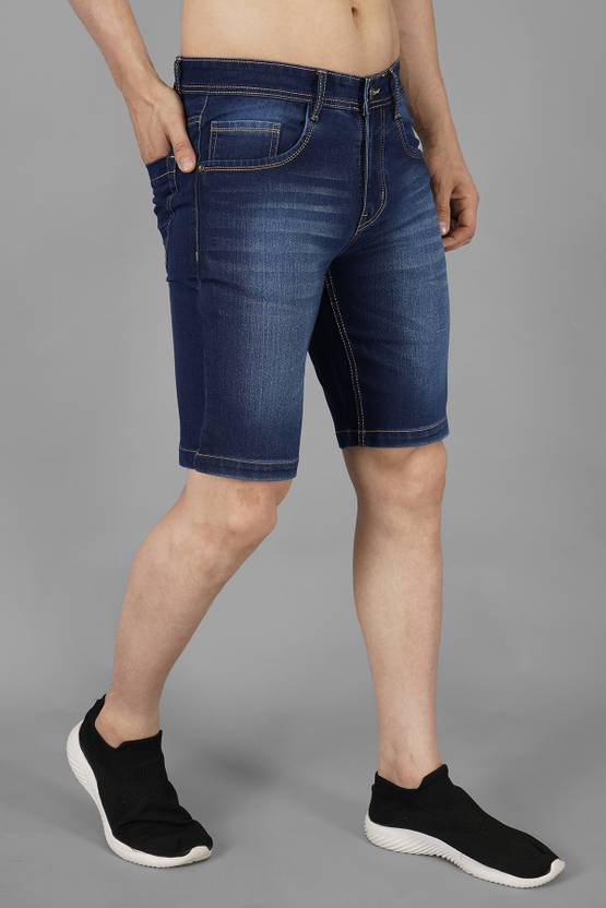 Solid Men Dark Blue Denim Shorts