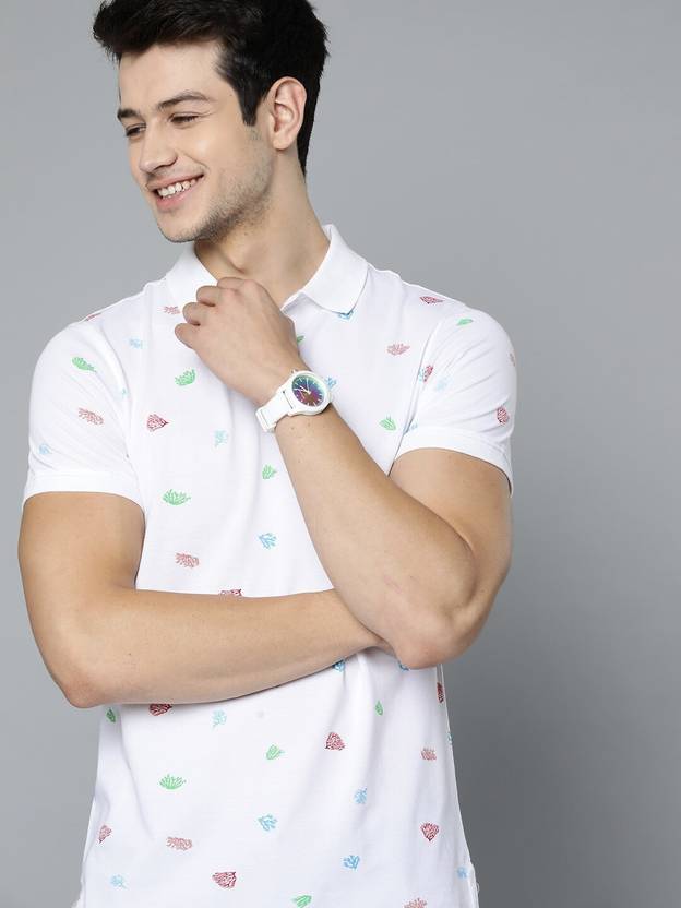 Mast & Harbour Men Printed Polo Neck Pure Cotton White T-Shirt