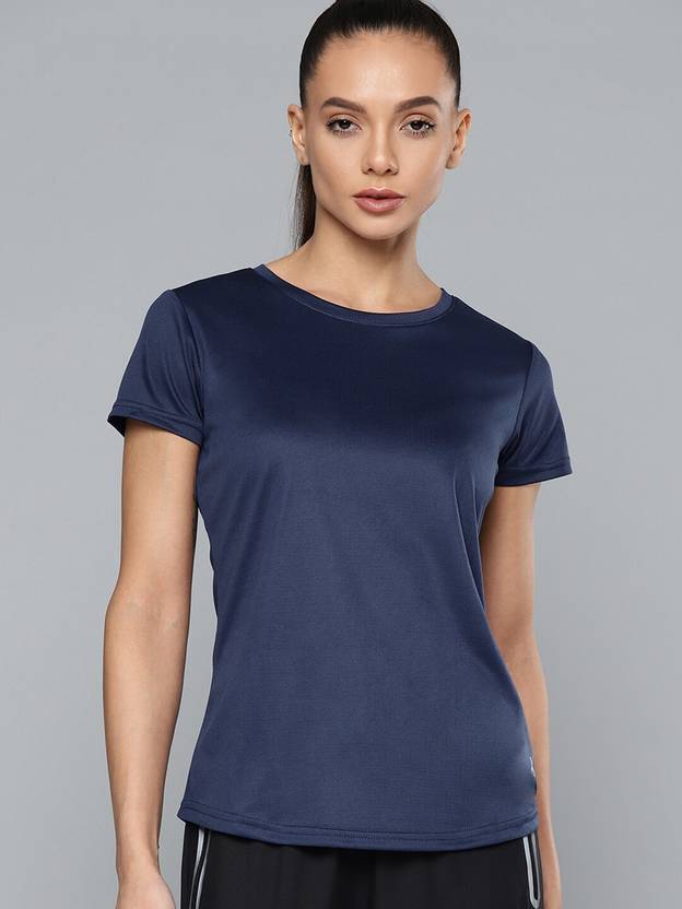 [Sizes XS, S, L] HRX by Hrithik Roshan Women Solid Round Neck Polyester Dark Blue T-Shirt