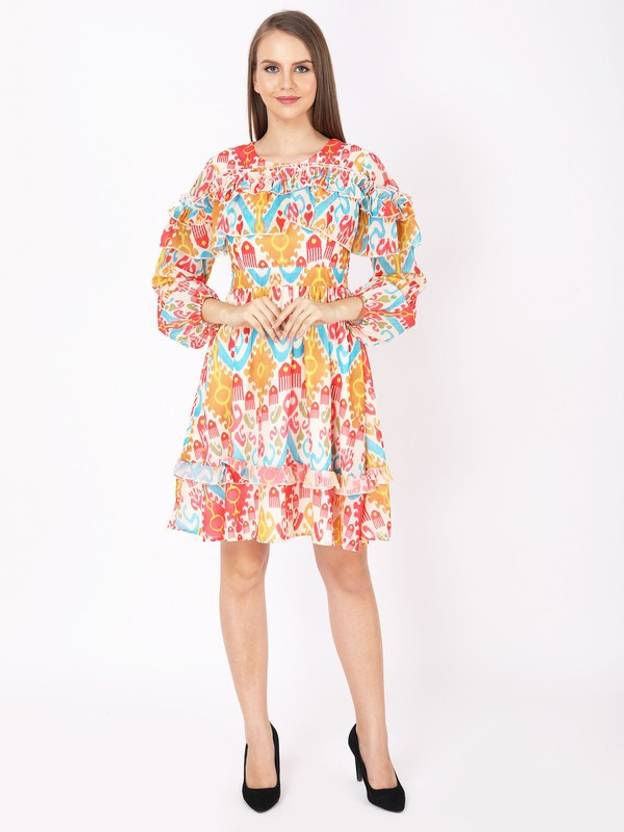 Jakanary Women Fit and Flare Multicolor Knee Length Dress