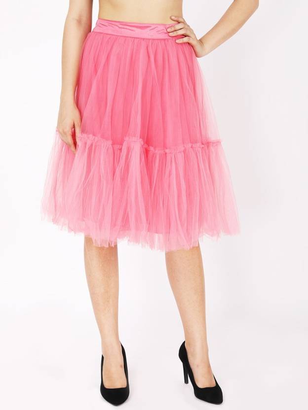 Jakanary Women Solid Flared Pink Skirt