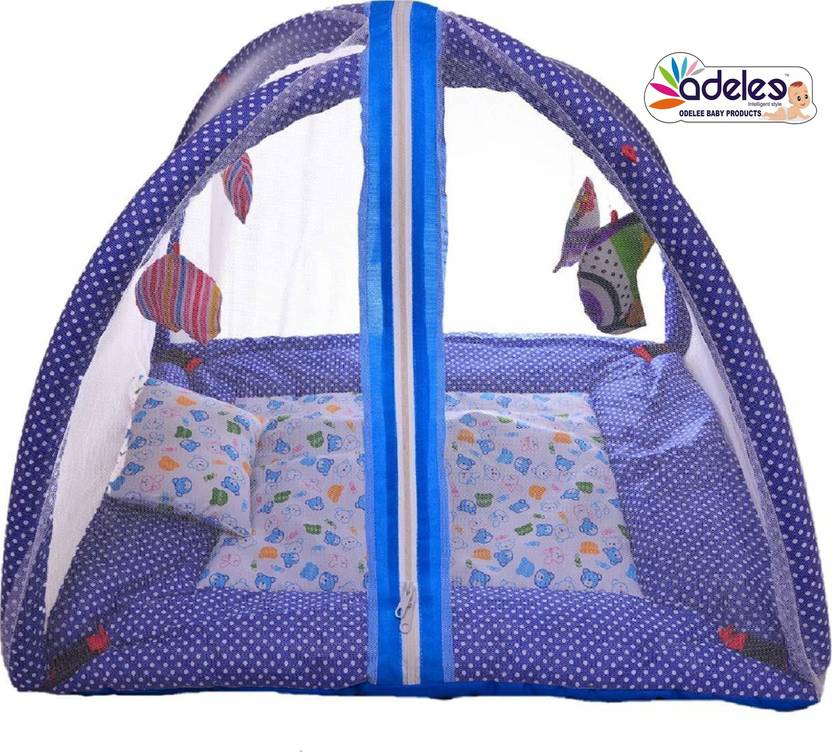 ODELEE Bedding Set with Foldable Mattress, Mosquito Net and Pillow Blue Cotton Washable Infants Mosquito Net