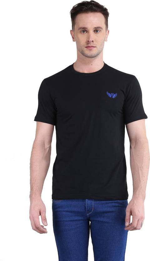 BRAVEZI Men Solid Round Neck Cotton Blend Black T-Shirt