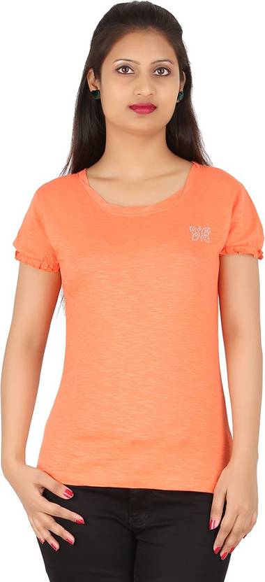CHECKERSBAY Casual Regular Sleeves Embellished Women Orange Top