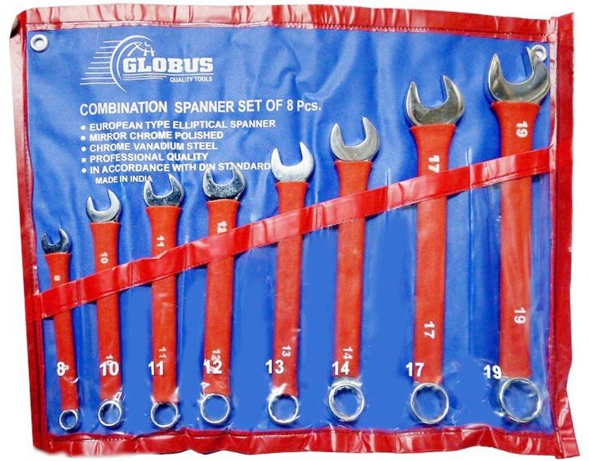 Globus ELLIPTICAL MODEL , MIRROR CHROME FINISH, SET/8 ( 8-19) NON-SLIP PVC SLEEVE Double Sided Combination Wrench