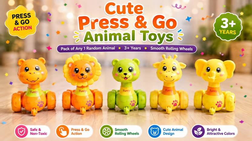 STORERBM Assorted-Random Color Press & Go Animal Toy with Pull Back Action, 3+ Years