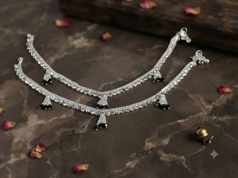VENIKENTERPRISES Silver-Plated Stone Anklets with Black Beads for Women & Girls (Pack of 2) Alloy, Brass, Copper Anklet