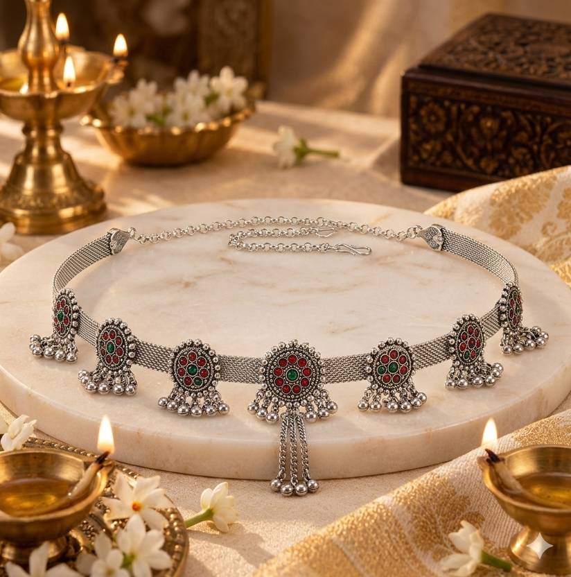 TasselsandHoops Oxidised Kamarbandh for Women| Traditional Silver Waist Belt with Ghungroo Alloy Anklet