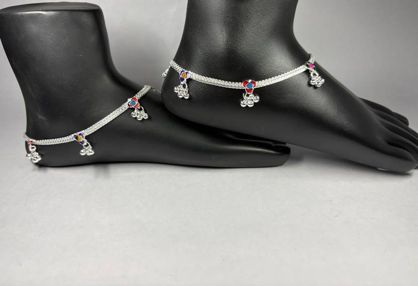 VENIKENTERPRISES Multi-Color Enamel Floral Silver-Plated Anklet Pair (Pack of 2) Alloy, Brass, Copper Anklet