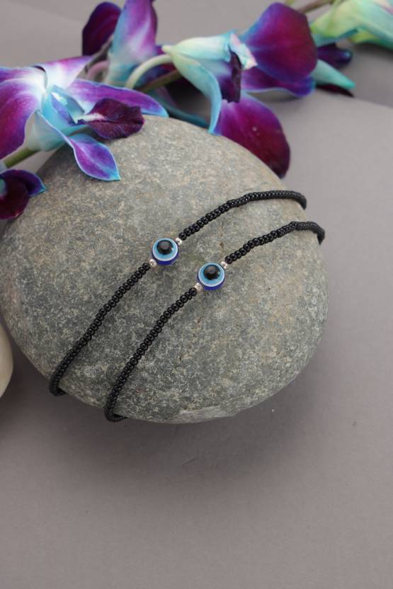 AATMANA Black Beads Silver Plated Traditional Evil Eye Anklets Brass Anklet