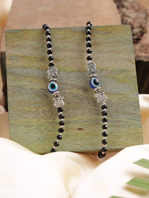 AATMANA Silver-Plated & Black Beaded Handcrafted Owl & Evil Eye Anklet Brass Anklet