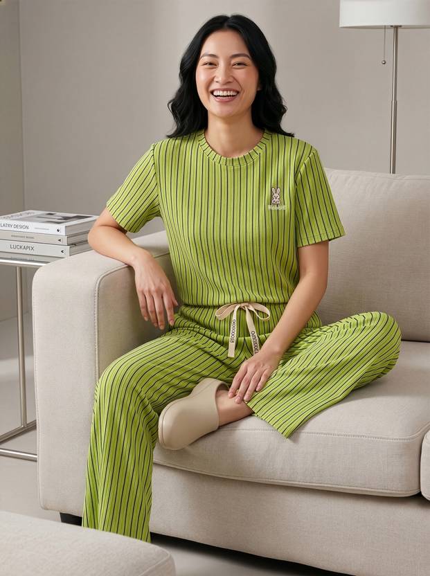 Lugo Women Night Suit Set Green Striped