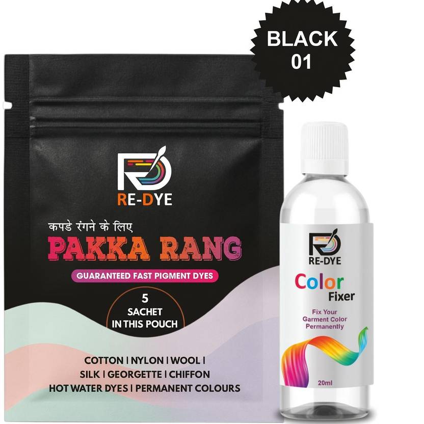REDYE Pakka Rang Fabric Dye Color Jeans Black Pack of 5 Sachets + 20ml Color Fixer
