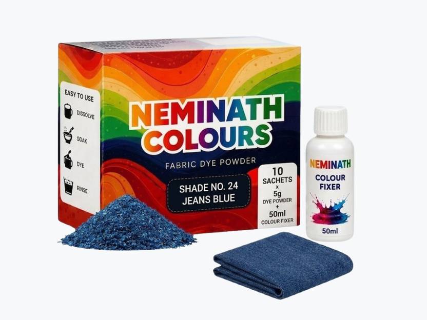 Neminath Pakka Rang Fabric Dye Shade 24 Jeans Blue 10x5g+50ml