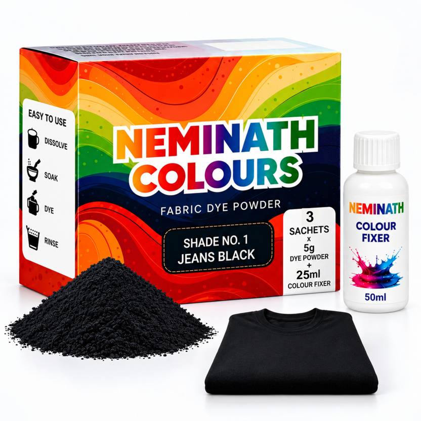 Neminath Pakka Rang Fabric Dye for Clothes Shade 1 Jeans Black 3x5g (15g) + 25ml Fixer