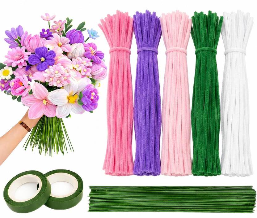 DsCrafts 200 Pcs Multicolor Pipe Cleaner Craft Kit with Tape & Green Wire