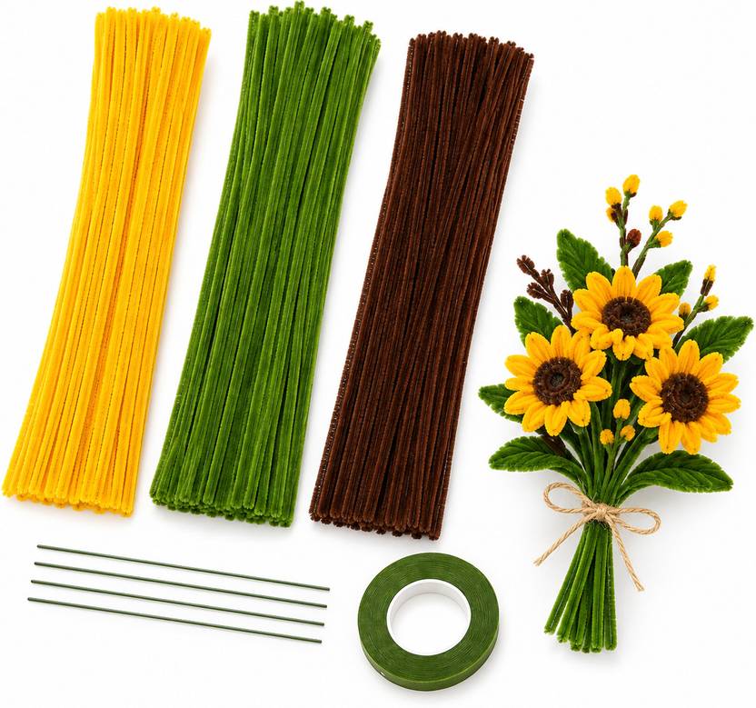 DsCrafts Sunflower Pipe Cleaner Making Kit, DIY Handmade Flower Craft Kit