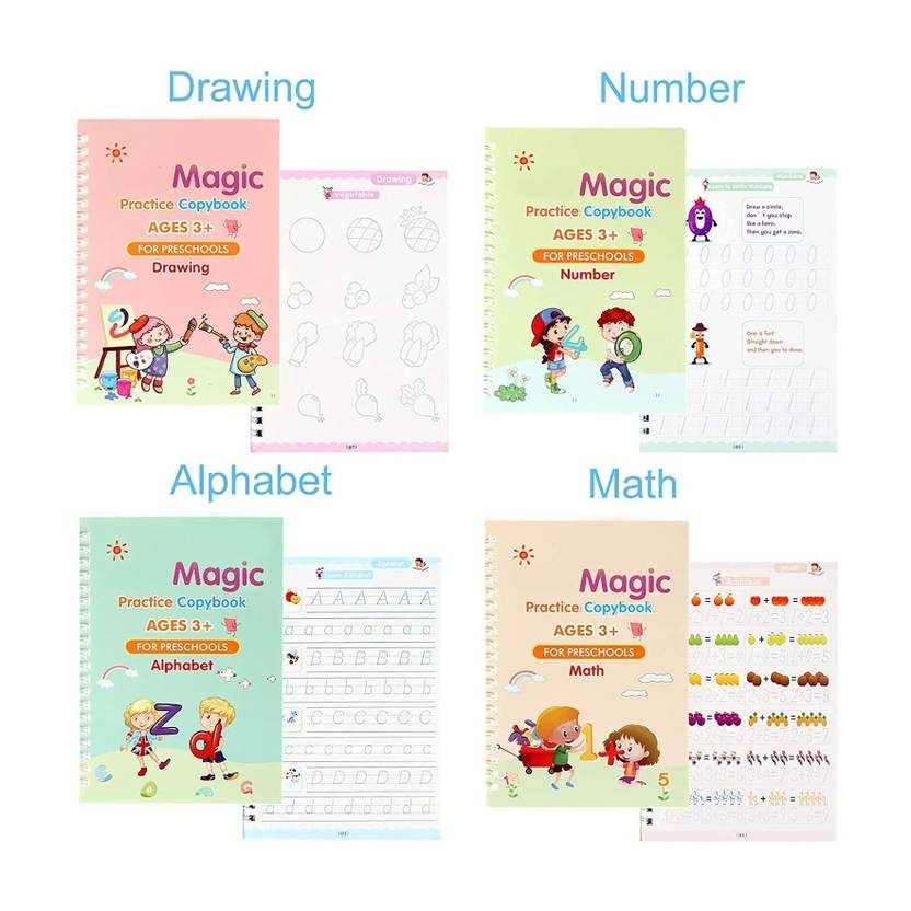 The Magic Book  - Magic Book - Practice Magic Copybook For Kids, English Reusable Magical book Kids, Tracing Book, Magic Calligraphy book Set of 4, Reusable Writing Tool (Paperback, children book, baby book, practice book) with 4 Disc