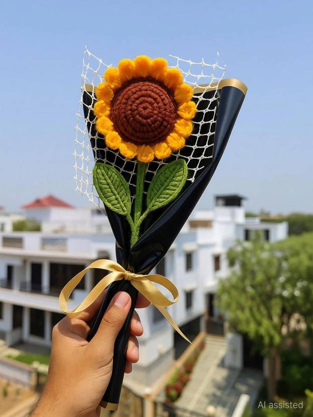 Clapjoy Crochet Sunflower Bouquet – Handmade Wool Flower with Black Wrap & Cute Ribbon Yellow Sunflower Artificial Flower