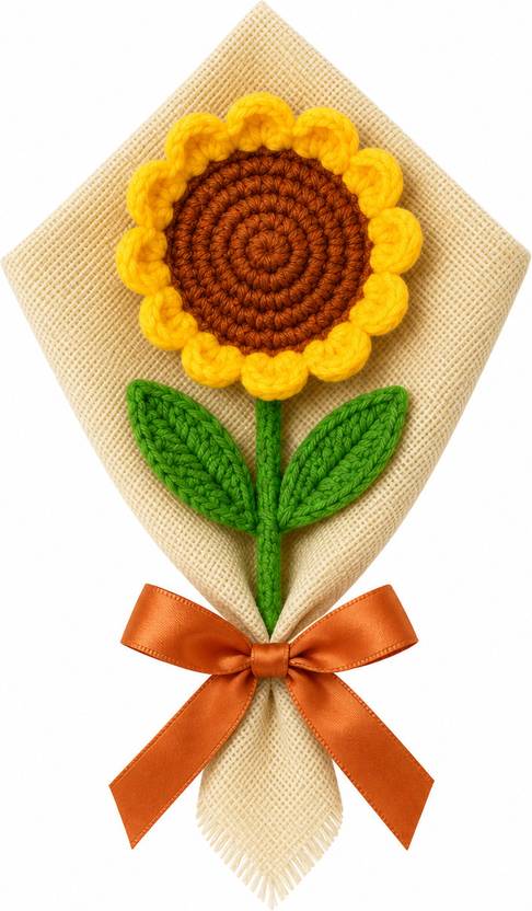 Clapjoy Crochet Sunflower – Handmade Wool Flower with Net Wrap & Red Ribbon Yellow Sunflower Artificial Flower
