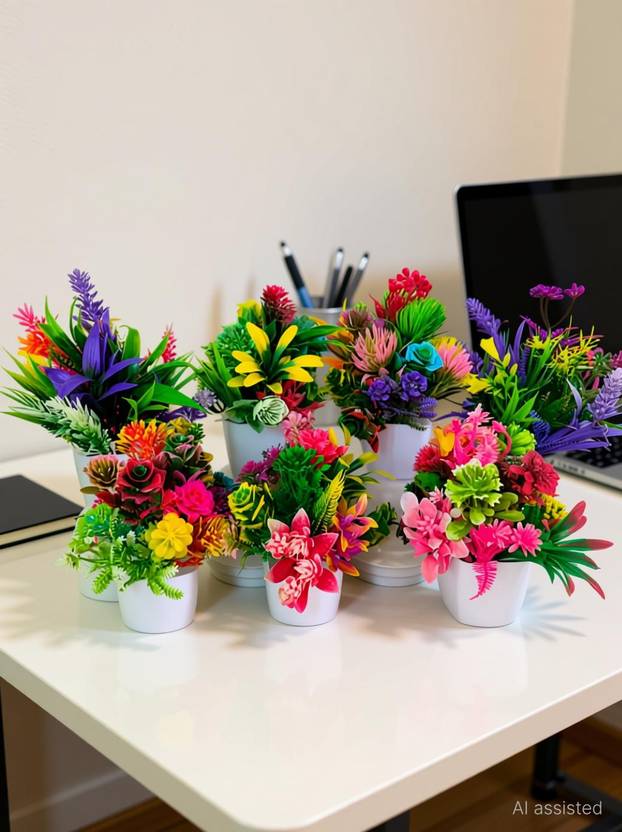 brozzo Artificial Plants for Home Office Décor-Pack of 4 Multicolor Wild Flower Artificial Flower  with Pot
