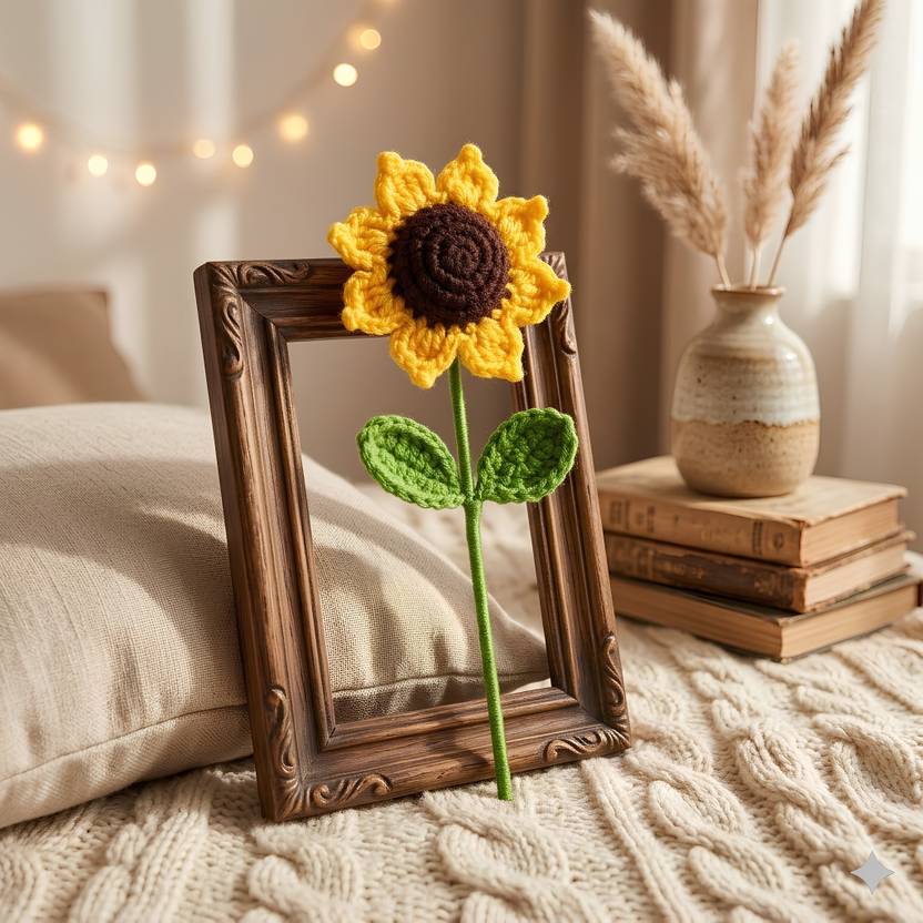 Brovion Art Crochet Sunflower Stick Handmade Artificial Flower for Home Decor & Gifting Yellow, Green, Brown Sunflower Artificial Flower