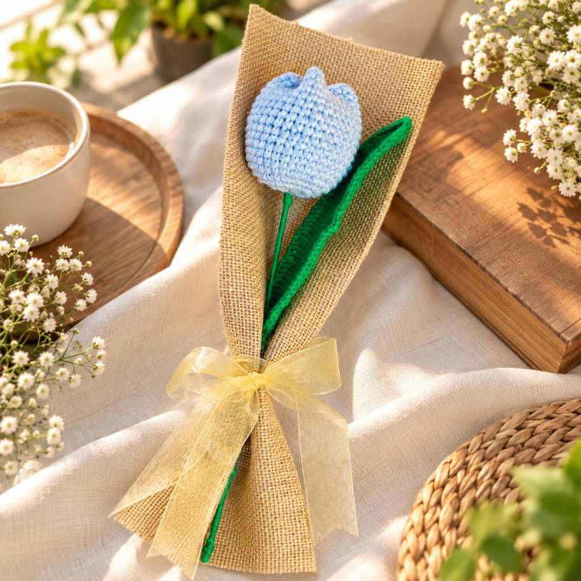 BOSCO Bosco Premium Handmade Light Blue Crochet Tulip with Natural Jute Wrapping Blue Tulips Artificial Flower  with Pot