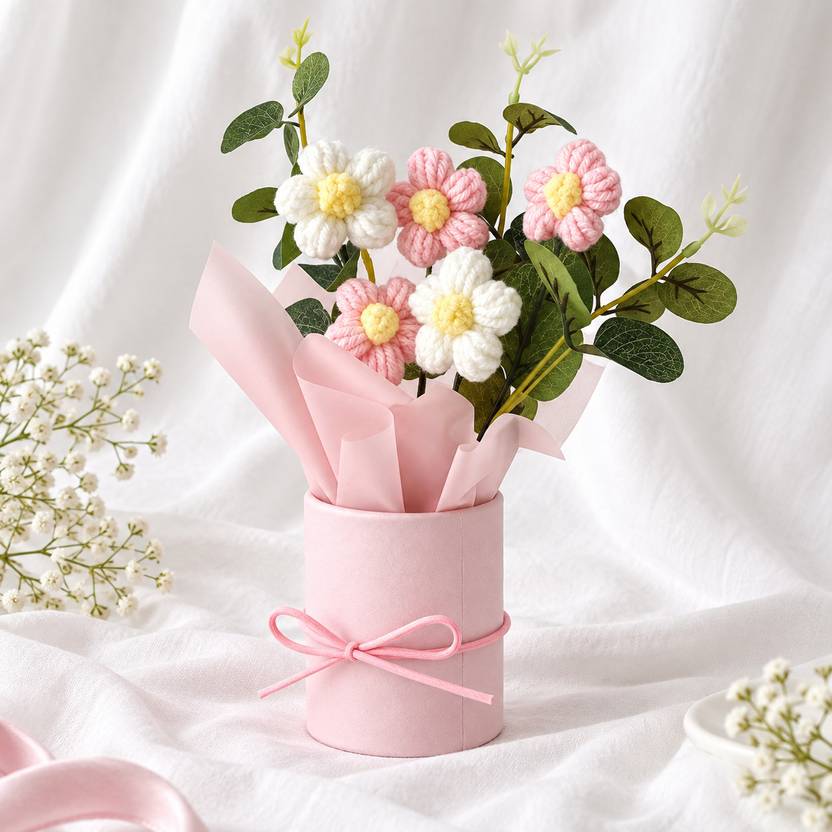 BOSCO Bosco Pink & White Blossom Yarn Flower Arrangement with Vase Pink Daisy Artificial Flower  with Pot