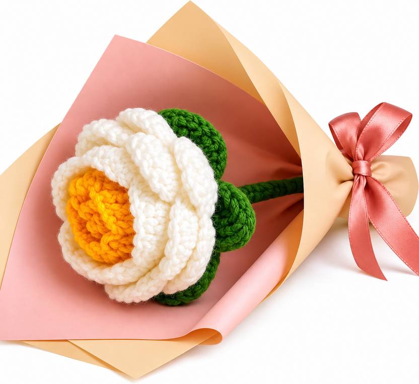 Clapjoy Crochet Orange White Rose – Woolen Flower Gift with Elegant Wrap Multicolor Rose Artificial Flower