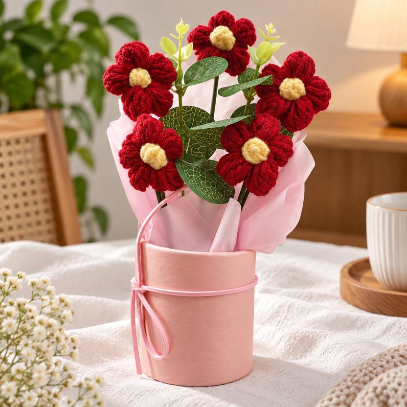 BOSCO Bosco Red Dahlia Yarn Flower Bunch with Pink Vase Red Daisy Artificial Flower  with Pot