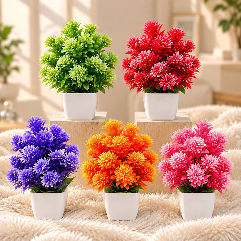 Brovion Art Artificial Flowers with Pot Set of 5 Small Plastic Flower Home Decor Multicolor Multicolor Wild Flower Artificial Flower