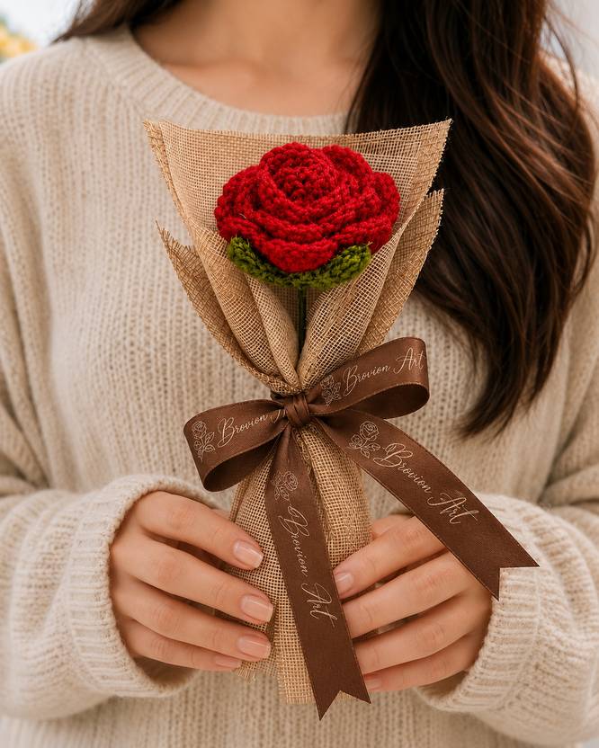Brovion Art Crochet Red Rose Bouquet – Handmade Crochet Flower | Artificial Rose Gift Decor Multicolor Rose Artificial Flower